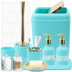 a bathroom set with soap, toothbrushes, and other items in blue containers