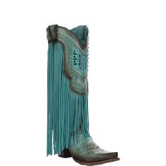 Style number: C4077. Turquoise cowhide & lamb leather upper & foot. 14 inch shaft height. Turquoise fringe around shaft. Crystals, studs & embroidery on shaft & foot. Leather lining. Pull tab for putting on easy. Snip toe shape. Cushioned leather insole. Leather outsole. Rubber insert & heel cap. 2 1/2 inch heel height. Turquoise Boots, Wedding Converse, Turquoise Western, Corral Boots, Country Boy, Woman Wine, Costume Shoes, Denim Skirt Women, Country Concert