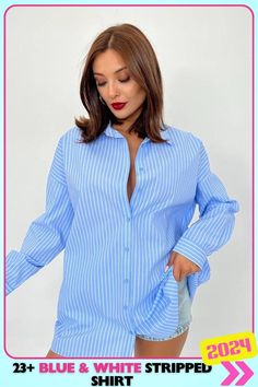 Simple yet elegant blue and white striped shirt with a slightly open collar for a minimalistic, relaxed vibe. Perfect for both casual and semi-formal occasions, this look offers a polished yet comfortable style with a timeless touch. Outfits For Women, Office Wear