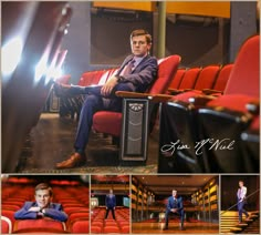 a man in a suit sitting on a red chair