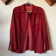 Vintage Red Reversible Leather And Suede Jacket Fits Like A 6 Red Leather Long Sleeve Blazer, Red Leather Blazer With Long Sleeves, Fall Red Leather Blazer, Red Leather Outerwear For Work, Red Leather Blazer For Fall, Jacket Fits, Suede Jacket, Lady In Red, Jackets & Coats