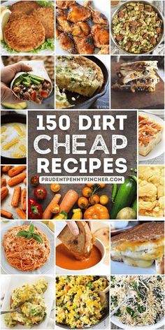 the cover of 150 dirt - cheap recipes, with pictures of different foods and vegetables