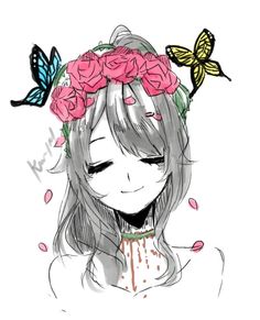 a drawing of a girl with flowers in her hair and butterflies flying around her head