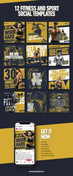 an advertisement for a bodybuilding gym is shown in yellow and black colors, with the words get fit now on it