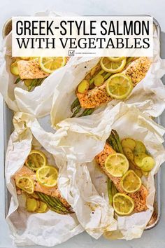 the cover of greek style salmon with vegetables and asparagus in parchment paper on a tray