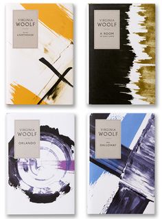 four books with different designs on them, each one has an abstract painting and the other is