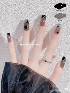 Soft Goth Nails, Cute Asian Nails, Black Douyin Nails, Cute Goth Nails, Nail Art Bts, Bts Inspired Nails, Nail Bts, Bts Nail Art, Goth Acrylic Nails