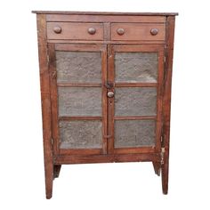 an old wooden cabinet with glass doors on the top and bottom drawers, against a white background