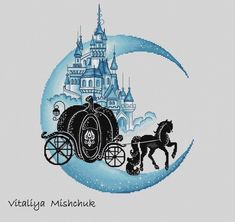 a cross stitch pattern with a horse and carriage in front of a castle on the moon