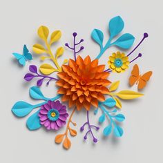 colorful paper cut flowers and butterflies on white background with space for your text or image