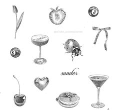 an old fashioned drawing of different types of food and drinks on a white background with the words sander written below it