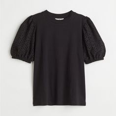 Straight-Cut T-Shirt In Soft Cotton Jersey. Round Neckline, Short Balloon Sleeves In Woven Fabric With Eyelet Embroidery. - Brand New, With Tag - Pet And Smoke Free Home H&m Cotton Crew Neck Top, H&m Cotton Short Sleeve Tops, H&m Black Relaxed Fit Top, H&m Black Short Sleeve Tops, H&m Black Cotton T-shirt, H&m Black Cotton Top, Short Balloon Sleeves, Ruffle T Shirt, Eyelet Embroidery