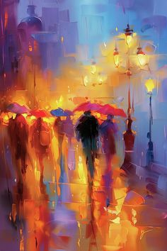 people walking in the rain with umbrellas under street lights at night, painting by numbers