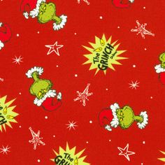 the grin on red fabric has stars and snowflakes all over it, including an image of santa's helper