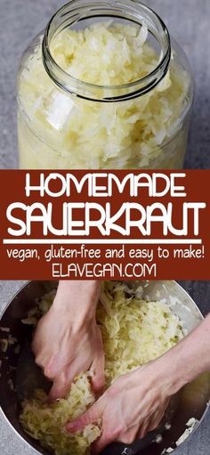 two hands are sprinkling sauerkraut into a pan with the words homemade sauerkraut on it