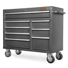 a black toolbox with wheels and drawers