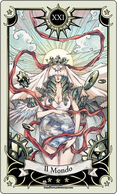 a tarot card with an image of a woman holding the earth in her hands