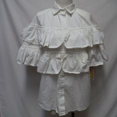 Brand New Size Medium, 100% Cotton. Measures 24.5" From Underarm To Underarm, 27" From Shoulder To Hemline. Thank You. Fall Shirt With Ruffles And Short Sleeves, Fall Short Sleeve Shirt With Ruffles, Fall Ruffled Short Sleeve Shirt, White Collared Shirt With Ruffles, Casual Collared Blouse With Ruffles, Fitted Collared Shirt With Ruffles, Summer Ruffle Button-up Shirt, Summer Ruffles Button-up Shirt, Summer Ruffled Button-up Shirt