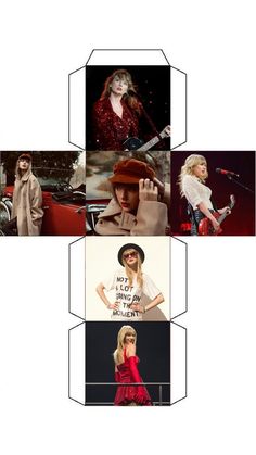 four different pictures of the same woman in red and white clothing, one with a hat on