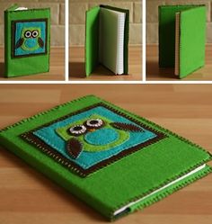 an open green book with owls on it and three pictures of the cover in different positions