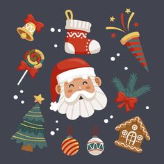 an illustration of santa claus surrounded by christmas decorations and candy canes on a dark background