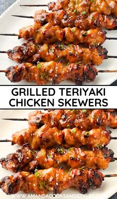 grilled teriyaki chicken skewers on a white plate with text overlay