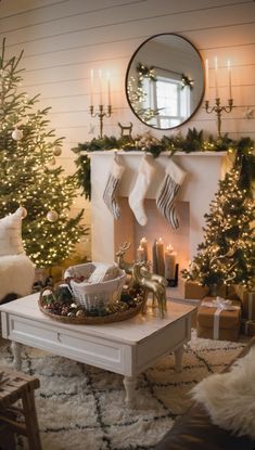 a living room decorated for christmas with stockings and candles