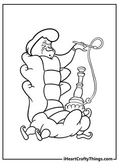 a cartoon character sitting on the ground with a pipe in his hand and holding it up to