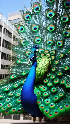 a peacock displaying its feathers in front of a building