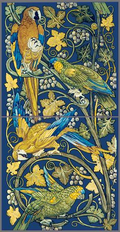 an artistic painting with birds and flowers on blue background, in the style of art nouveauism