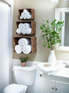 a white toilet sitting next to a bathroom sink under a green leafy plant in a vase