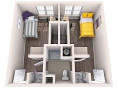 an overhead view of a two bedroom apartment