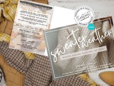 a flyer for a house hunting event on a white wooden table with plaid fabric and shoes