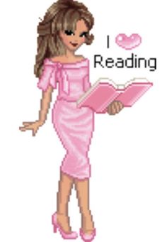 a woman in a pink dress holding a book with the words i love reading on it