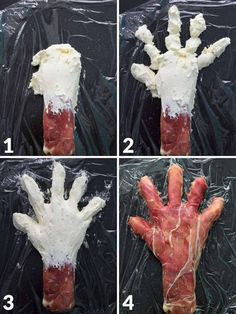 four pictures showing how to make a fake hand out of bacon and white powdered sugar