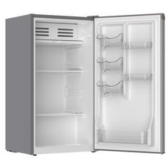 an open refrigerator freezer with its door ajar and shelves on both sides, isolated against a white background