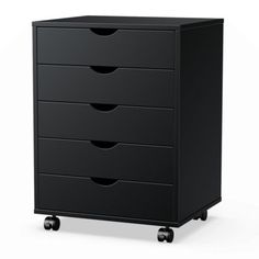 a black dresser with five drawers on wheels