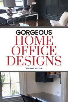 the front and back cover of a home office design book with an image of a desk