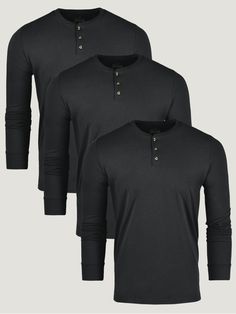 The All Black Long Sleeve Henley 3-Pack offers three of our best selling Black Long Sleeve Henleys. A simple yet stylish base, our Long Sleeve Henley is a twist on the classic long sleeve crew with a three-button neckline and cuffed sleeves. The Black Long Sleeve Henley are the perfect base for a sophisticated, comfortable look. Crafted using StratuSoft, our exclusive cotton-poly fabric that's luxuriously soft Provides the beloved flattering fit that suits all body shapes and sizes Features a ro Casual Black Crew Neck Henley, Solid Long Sleeve Henley With Buttons, Classic Henley With Button Closure, Black Long Sleeve Henley, Henley Neckline T-shirt With Button Closure And Relaxed Fit, Cuff Sleeves, Black Long Sleeve, All Black, Body Shapes