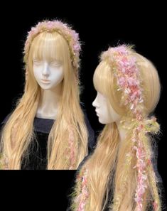 two mannequin heads with long blonde hair and pink flowers on them, both wearing headbands