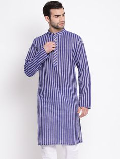 Vastramay Men's Blue Pure Cotton Kurta Mens Indian Wear, Utsav Fashion, Cotton Kurta, How To Dye Fabric, Mandarin Collar, Indian Wear, Full Sleeve, Stripes Pattern, Blue Man