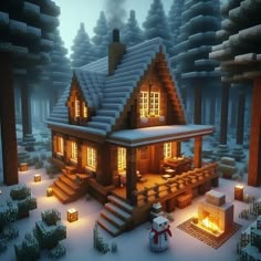 a house in the middle of a snowy forest with lit candles on it's windows