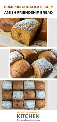 pumpkin chocolate chip amish friendish bread is shown in this collage with the recipe