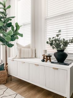 a living room with white furniture and plants on the window sill in front of it