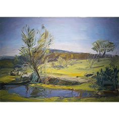 a painting of trees and water in a field