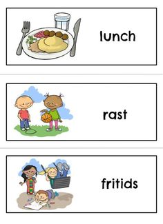 three different words that are in the same language, each with an image of children eating food