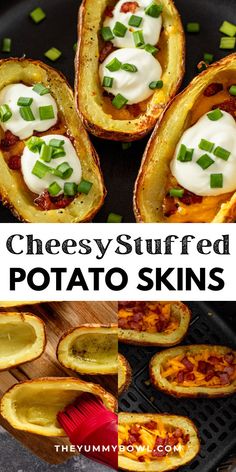 cheesy stuffed potato skins with sour cream on top