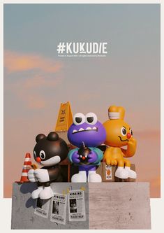 an advertisement for kukuudie featuring three cartoon characters sitting on top of a cement block