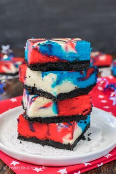 three red, white and blue desserts are stacked on top of each other with the words bars in front of them