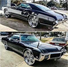 two pictures of a black car with chrome rims